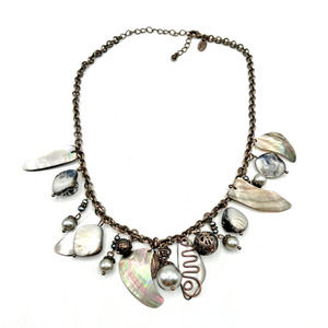 Lia Sophia Copper Tone Abalone Shell Faux Pearl Necklace Dangle Charms 16"